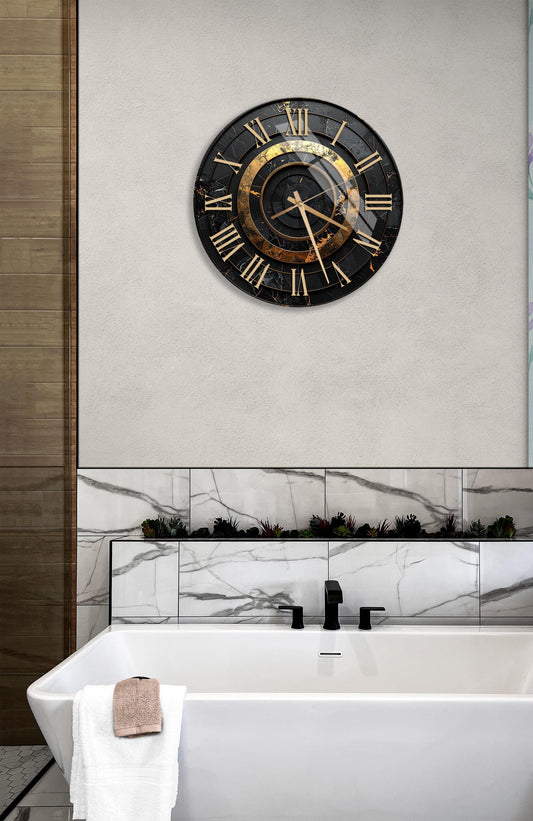 Tempered Glass Wall Clock – Black Gold Minimalist Marble Effect Decor, Silent