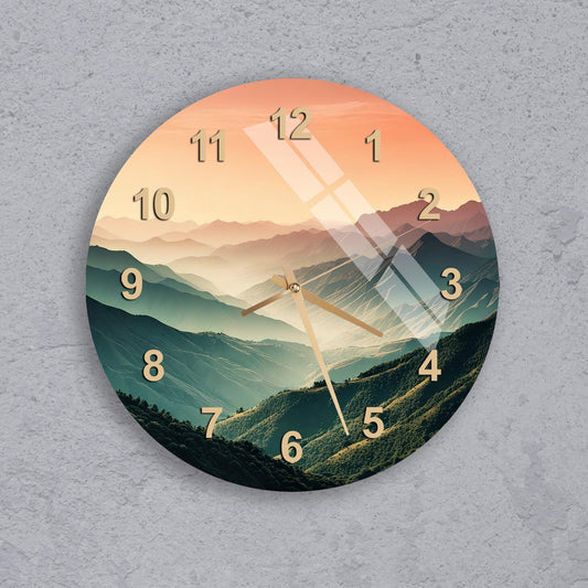 a clock on a wall with mountains in the background