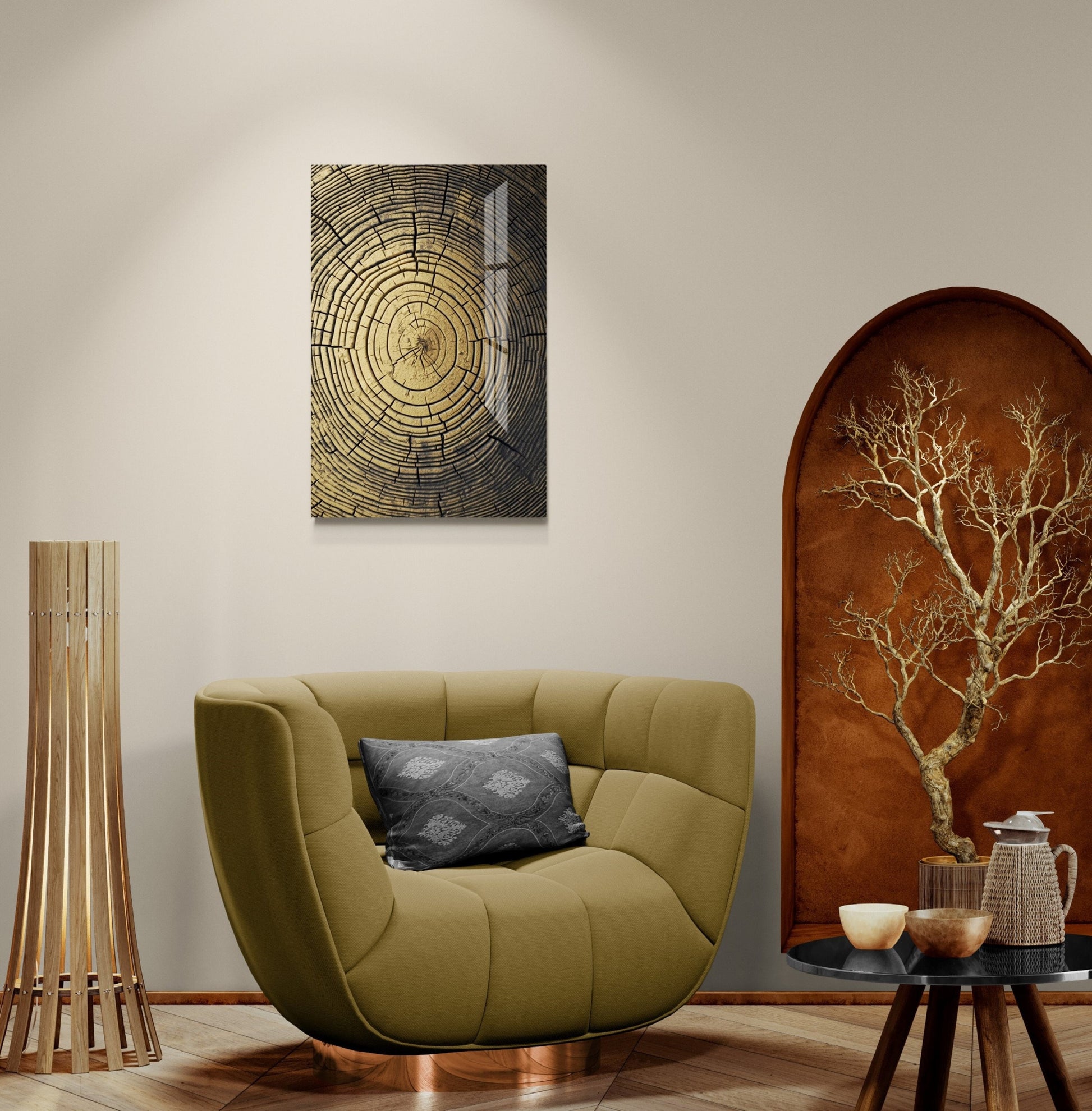 a living room with a chair and a table