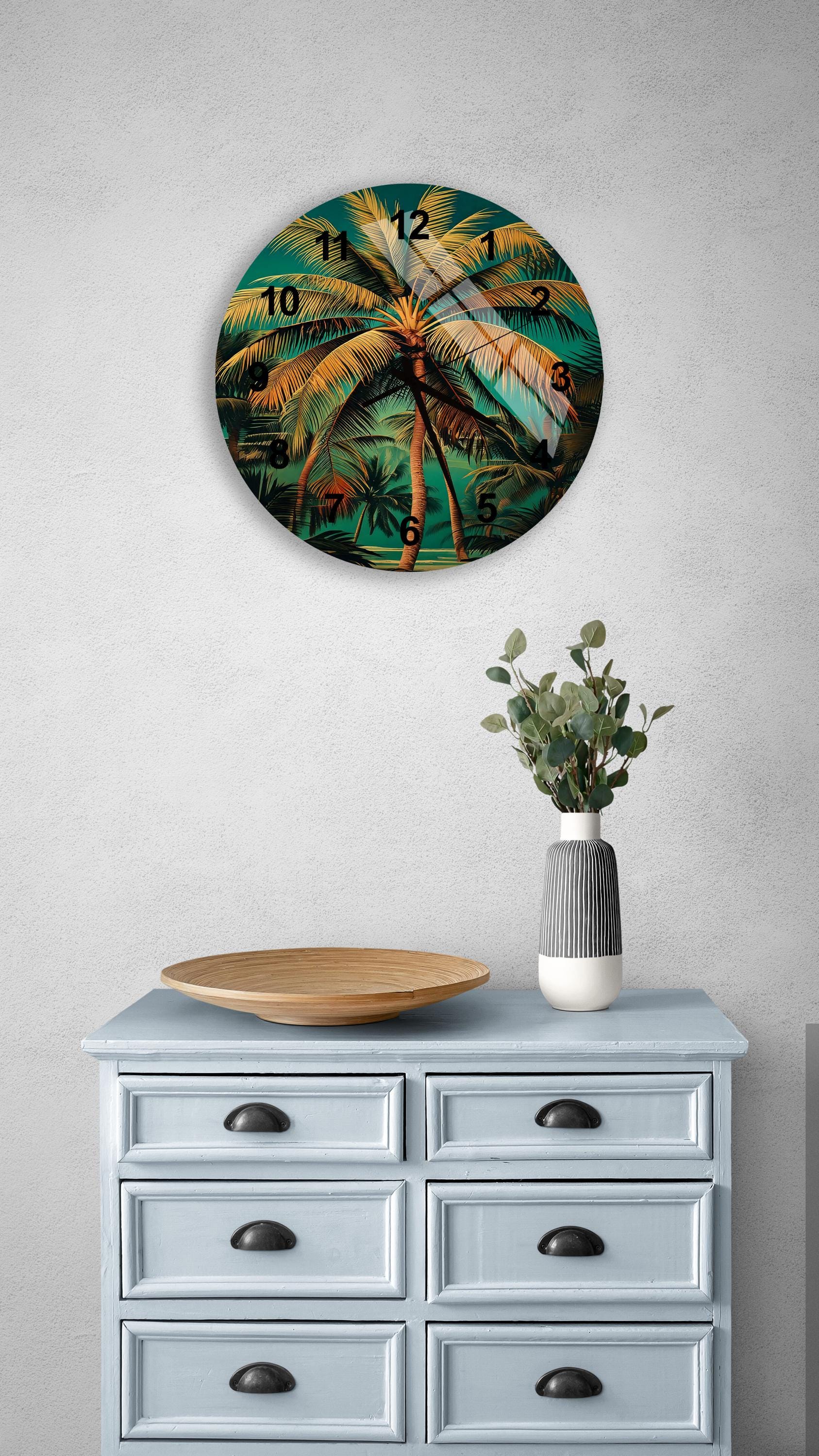 a clock on a wall above a dresser