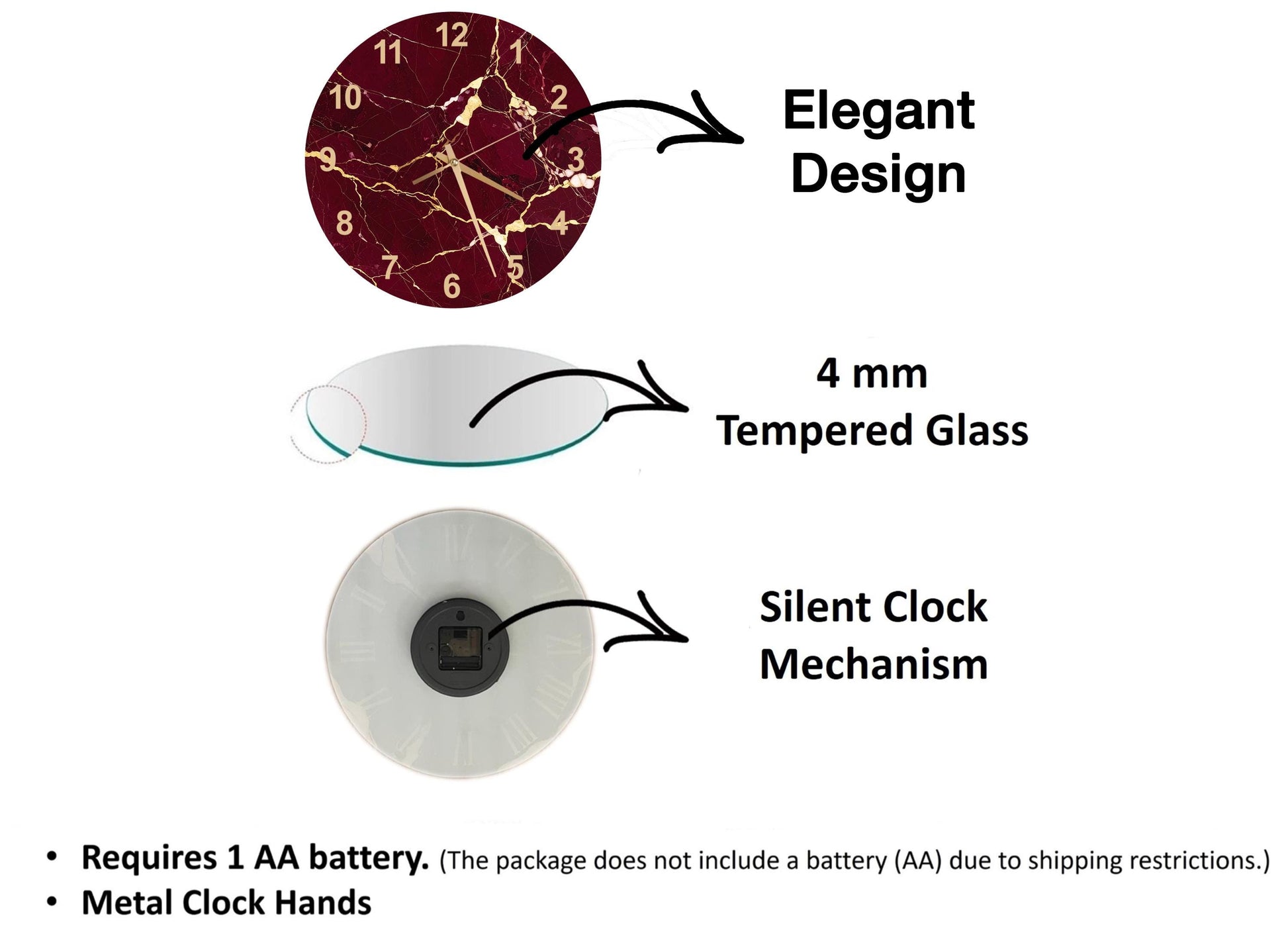 The image is a diagram that illustrates the features of a clock, including its design, materials, and mechanism.