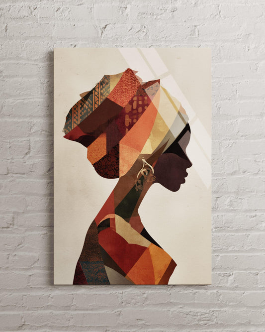 African Woman Wall Art – Abstract Geometric Portrait on Tempered Glass Print