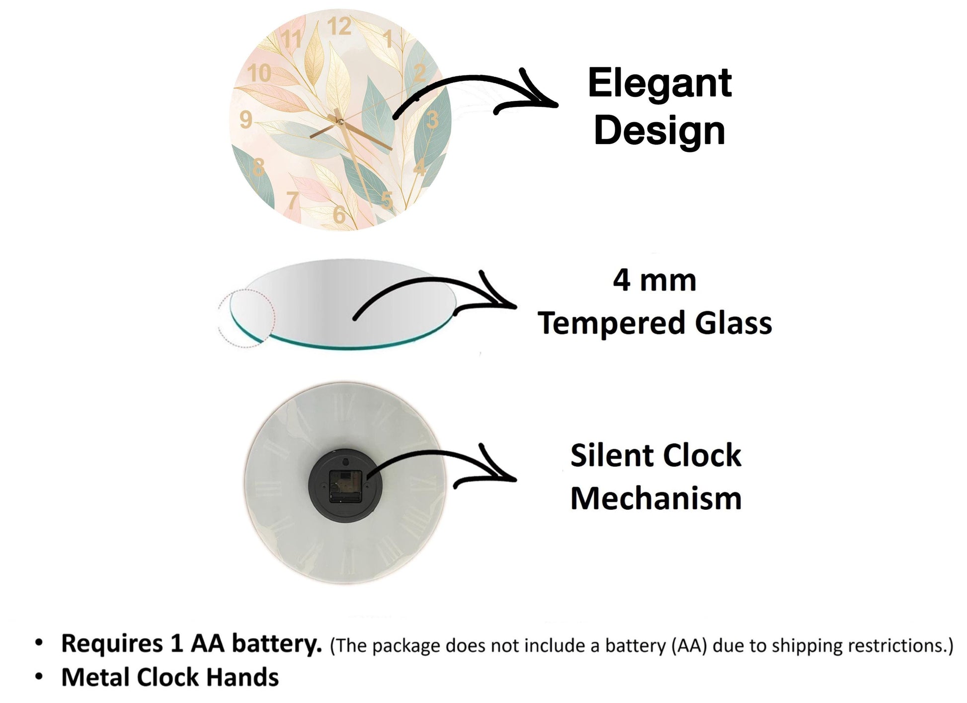 The image is a diagram that illustrates the features of a clock, including its design, size, and mechanism.