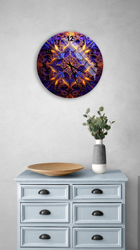 a blue and orange clock on a wall above a dresser