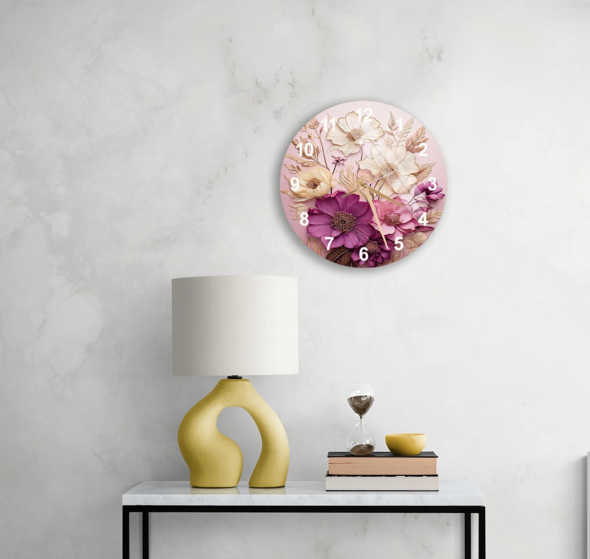 a table with a lamp and a clock on it