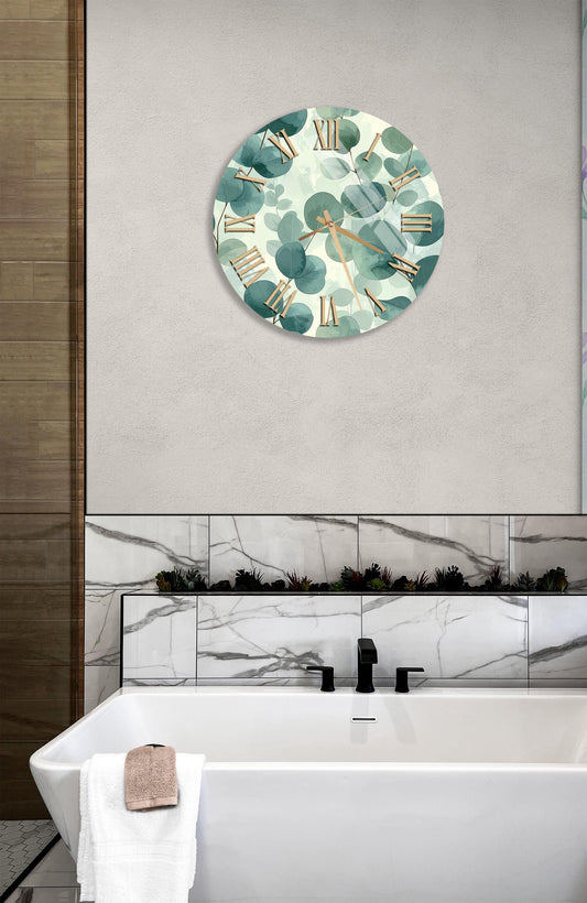 Tempered Glass Wall Clock | Eucalyptus Design Clock - Modern Style, Greenery Decor