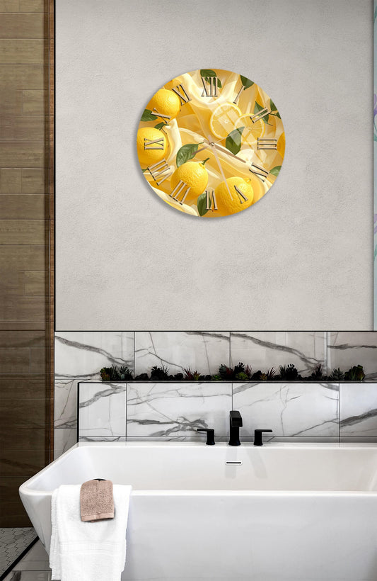 Lemon Glass Wall Clock – Tempered Glass Clock | Yellow Kitchen Decor, Farmhouse Style