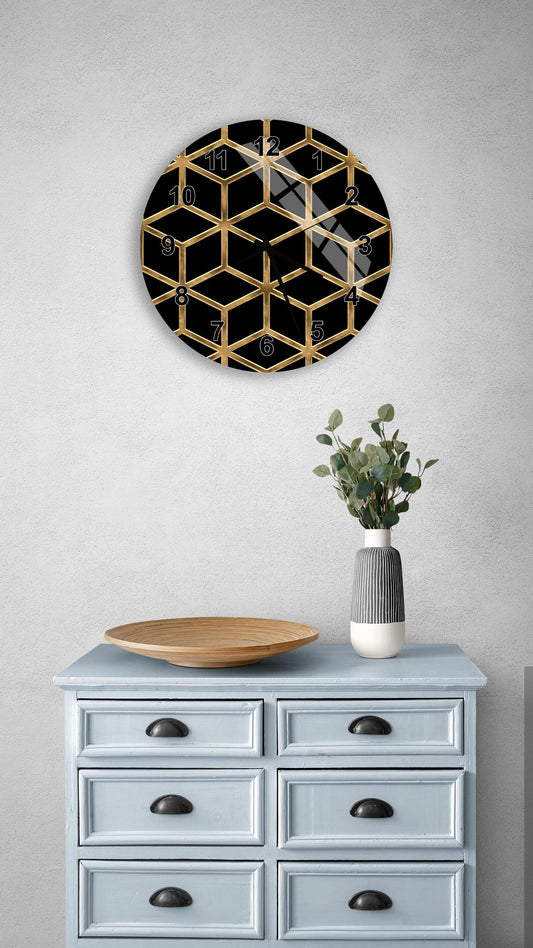 a wall clock with a geometric design, a wooden bowl, a vase with greenery, and a light blue dresser with six drawers.