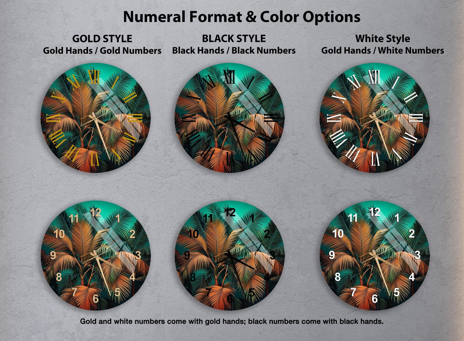 a set of four clocks with different designs on them