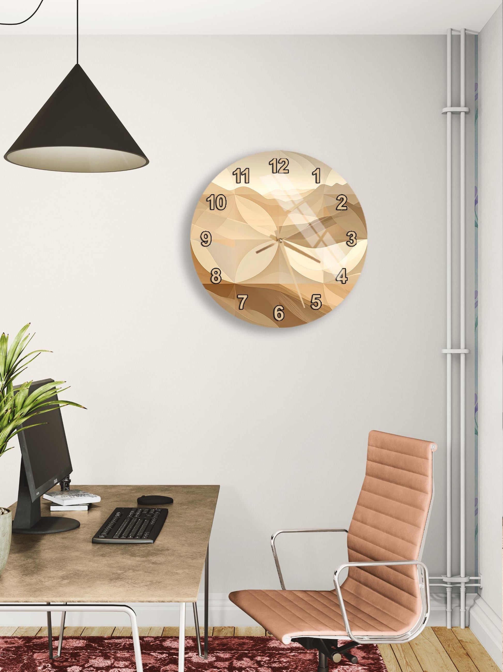a modern office space with a large wall clock, a wooden desk with a computer setup, and a comfortable office chair.