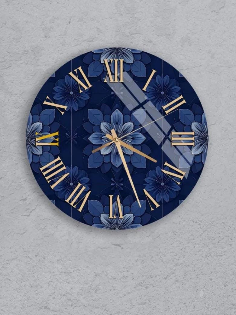six blue wall clocks with floral designs, arranged in a grid pattern on a gray background.