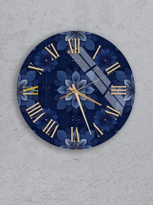 six blue wall clocks with floral designs, arranged in a grid pattern on a gray background.