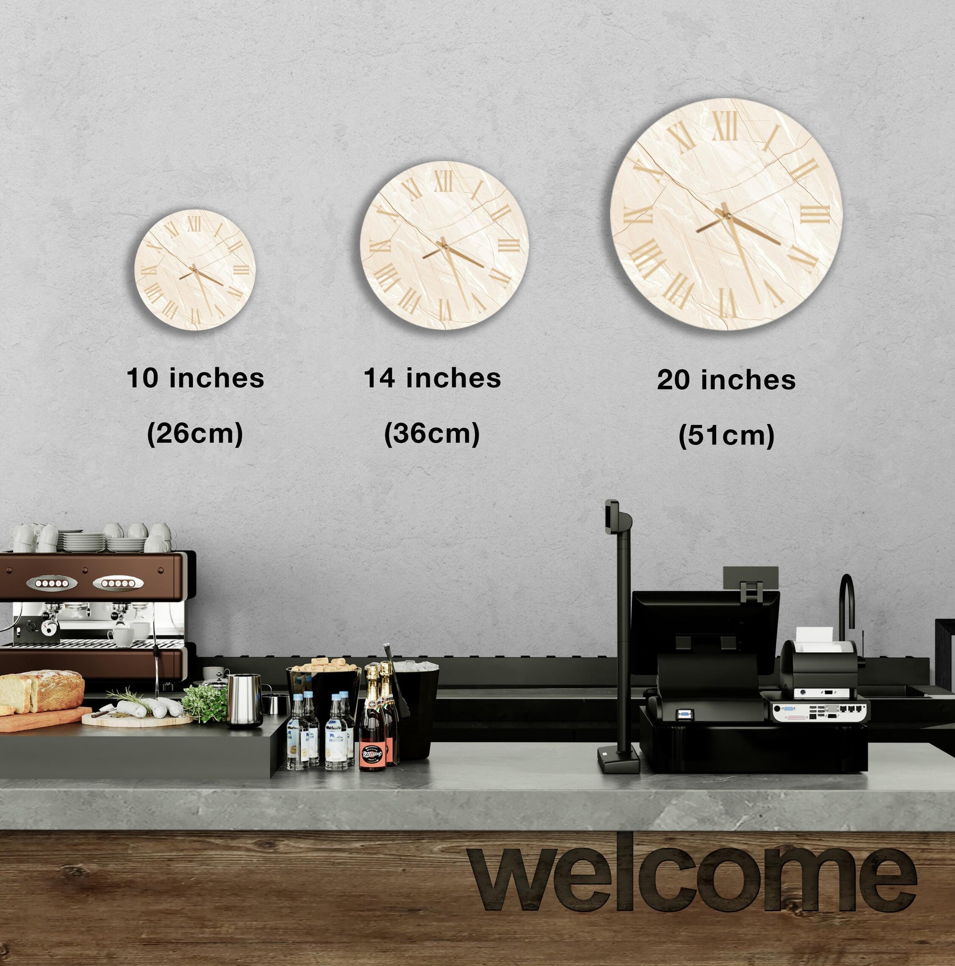 a counter with a cash register, a coffee machine, and a welcome sign. There are three clocks displayed on the wall, each at different sizes, indicating the time in inches.