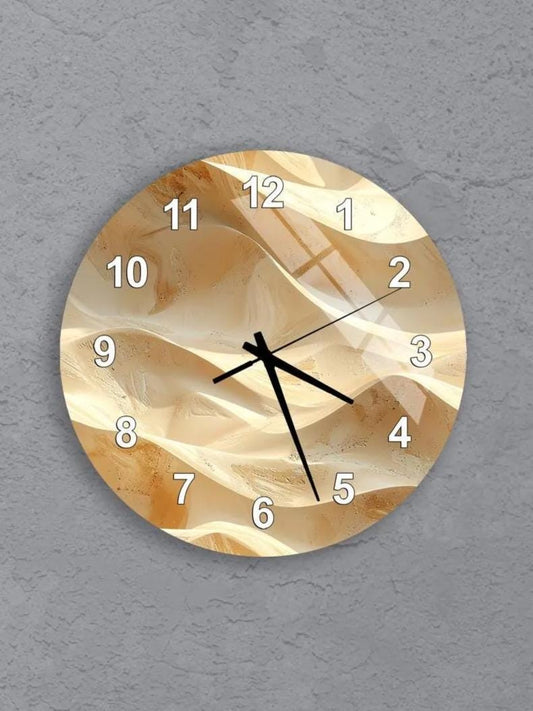 six round wall clocks with gold-colored faces, arranged in a grid pattern on a gray background.