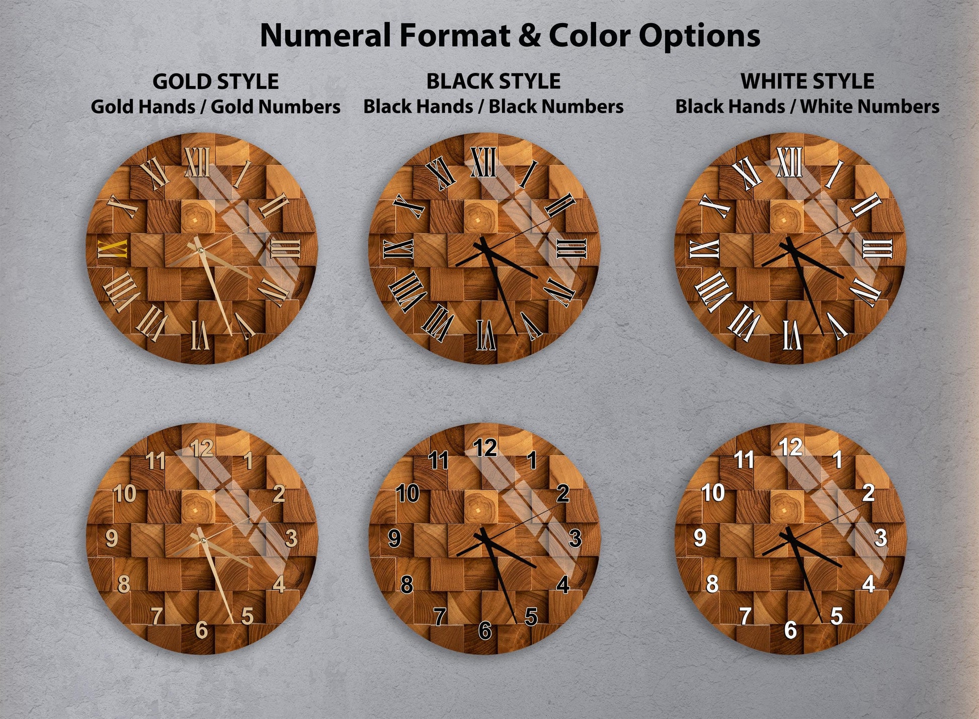 a collection of six different wall clocks, each with a unique design and color scheme. The clocks are arranged in a grid format, with two clocks in each row and two clocks in each column. The clocks feature various styles, including gold hands, black hands, and white hands, as well as different color options, such as black, black numbers, and white numbers. The clocks are set against a gray background, which highlights their distinct features and designs.