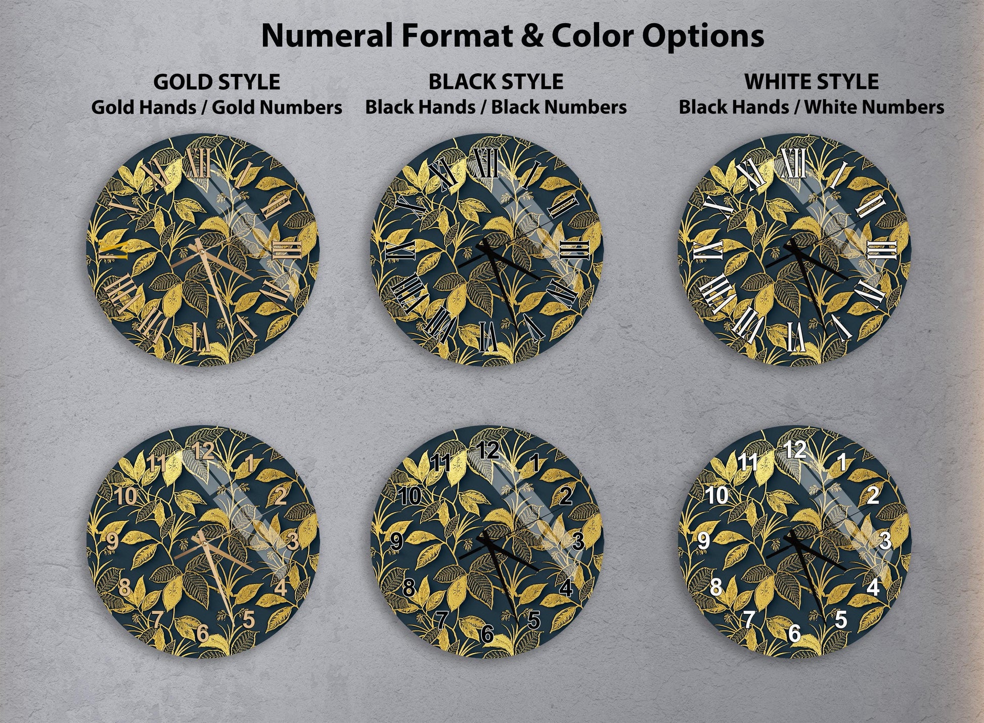 a collection of six wall clocks with different styles and color options, including gold hands and numbers, black hands and numbers, and white hands and numbers.