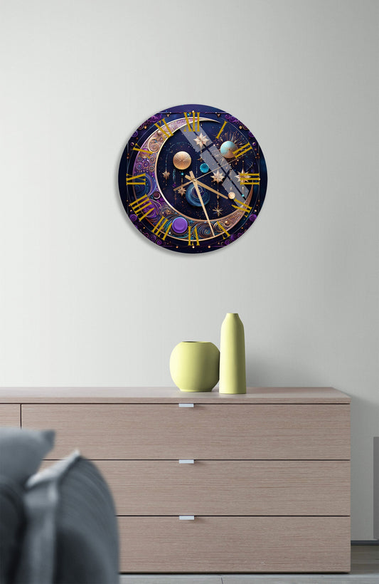 Tempered Glass Wall Clock – Deep Blue Celestial Lunar Phases Decor for Living Room