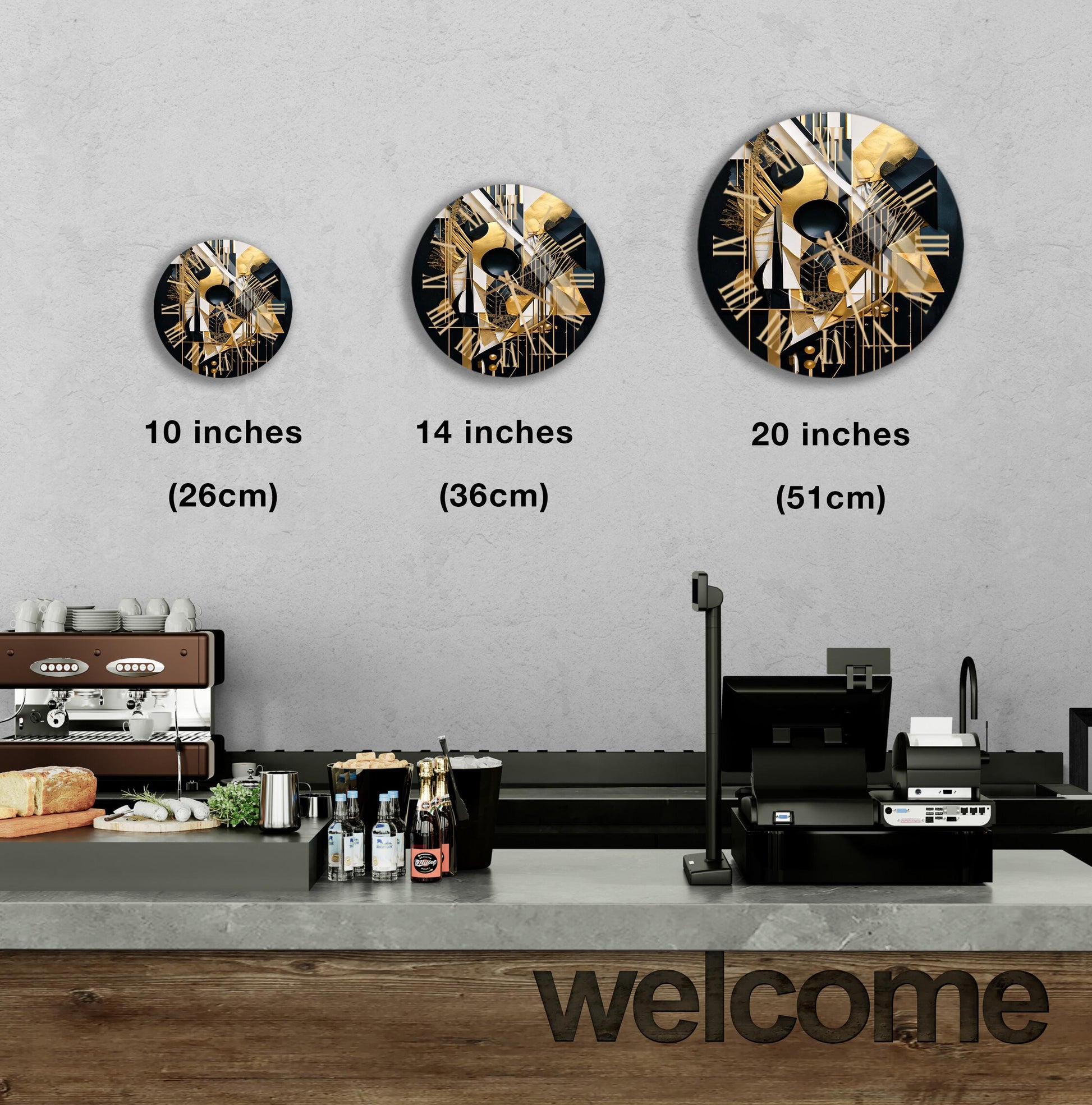 a coffee shop with three clocks on the wall