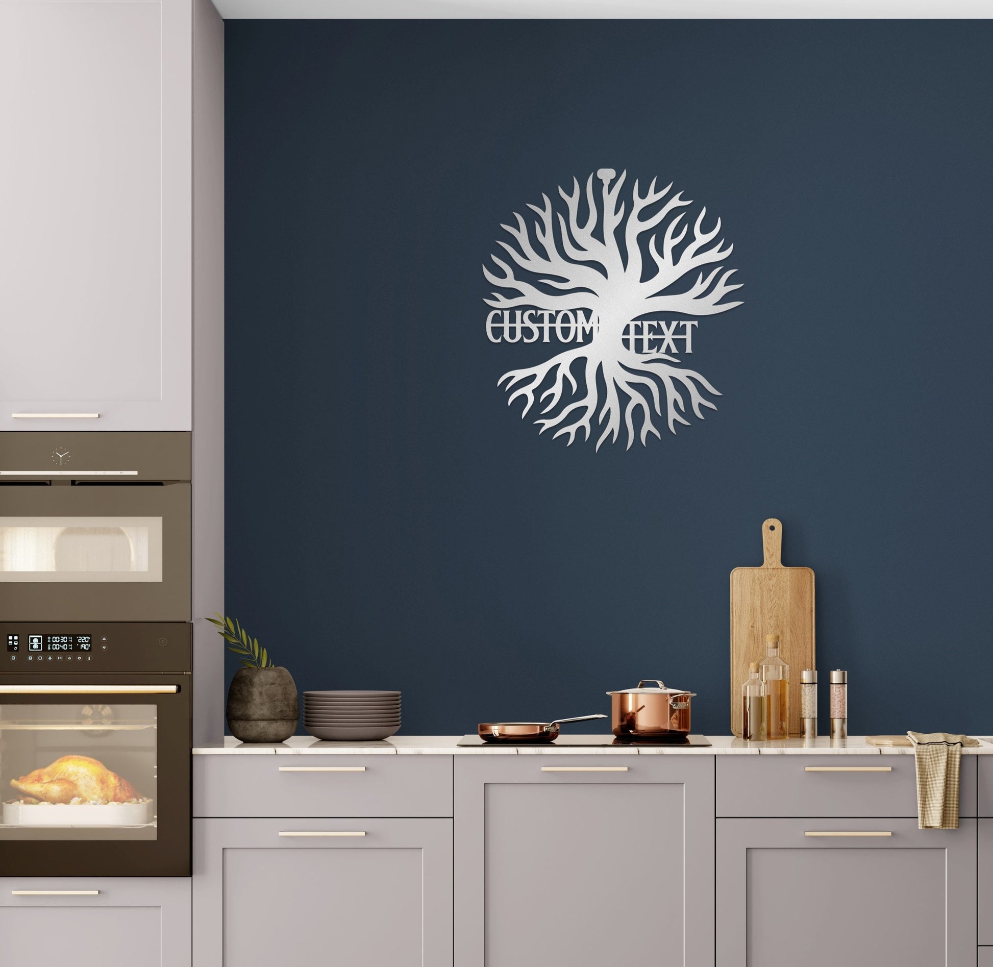 a kitchen with blue walls and white cabinets