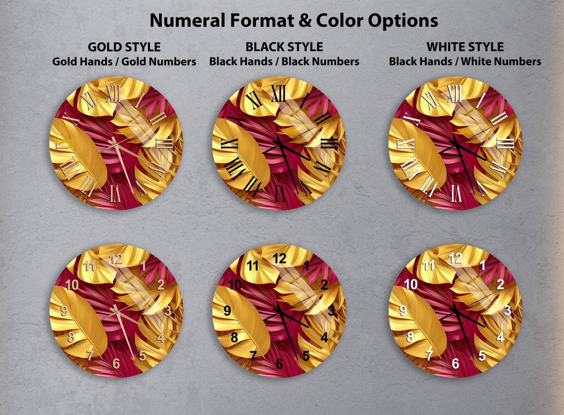 a collection of six clock designs, each with a different color and style, arranged in a grid format.