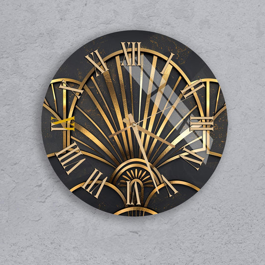 A decorative wall clock with an Art Deco style design, featuring gold and black colors and intricate patterns.