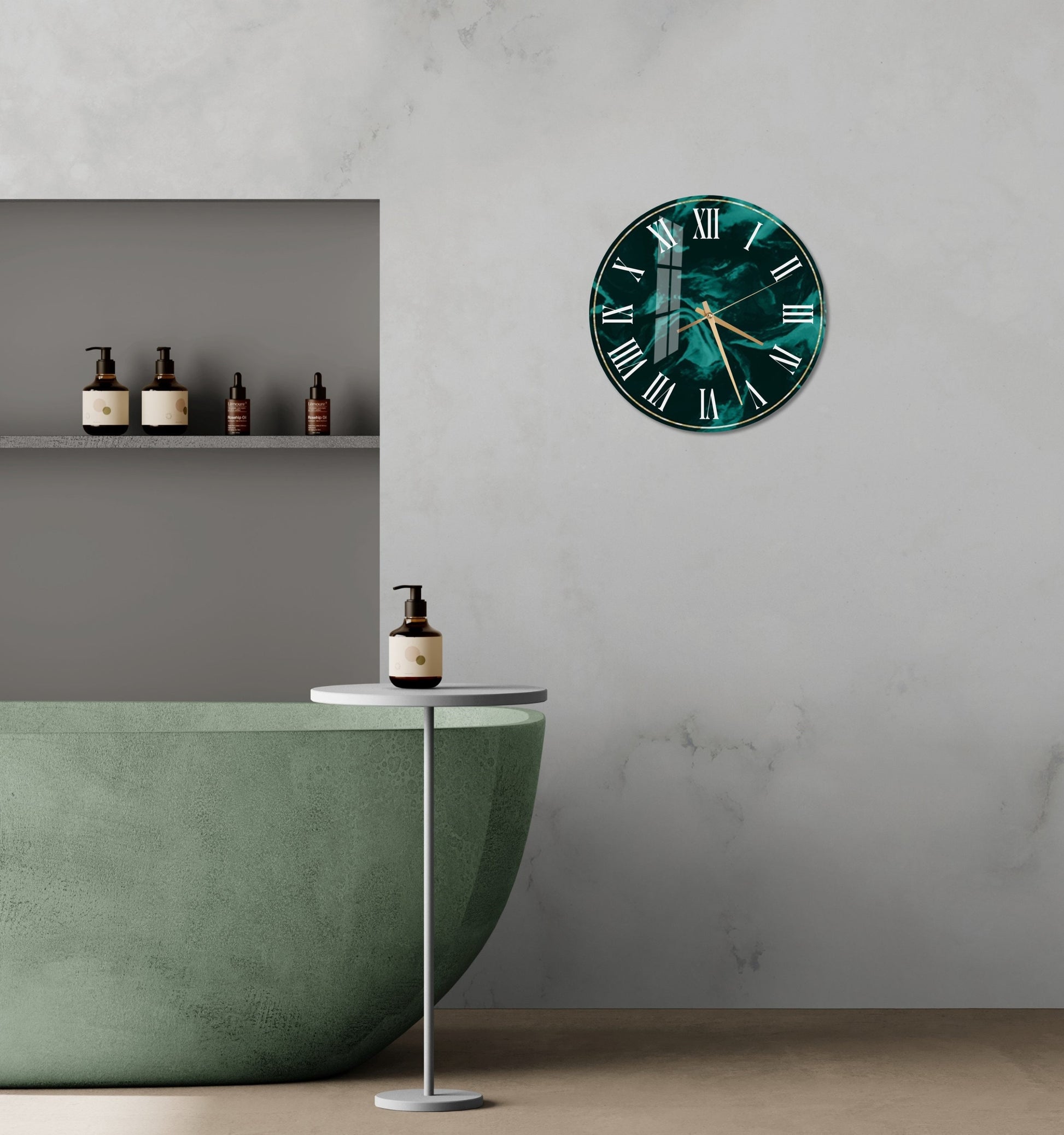 a bathroom with a tub and a clock on the wall