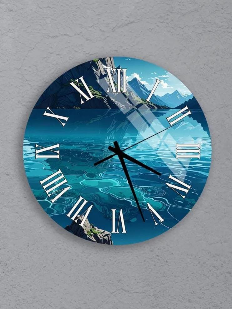 six round wall clocks with blue and white designs, each showing a different time.