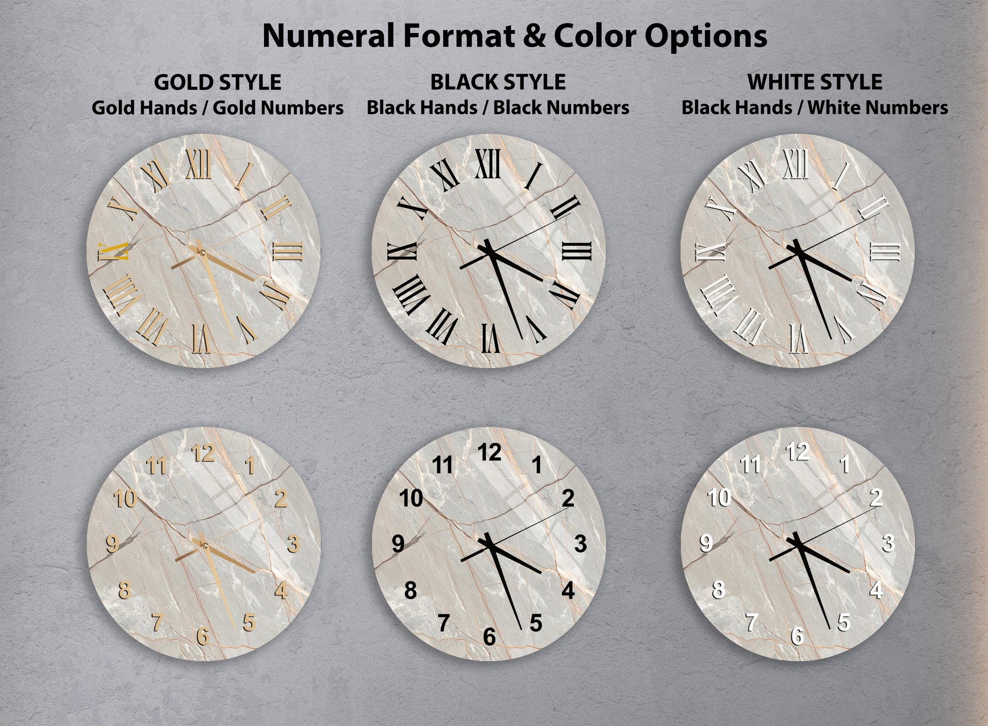 a collection of six different wall clocks, each with a unique style and color option. The clocks are arranged in a grid format, with two clocks in each row and two clocks in each column. The clocks feature various styles, including gold hands, gold numbers, black hands, black numbers, white hands, and white numbers. The image does not contain any text, and the clocks are arranged in a visually appealing manner.