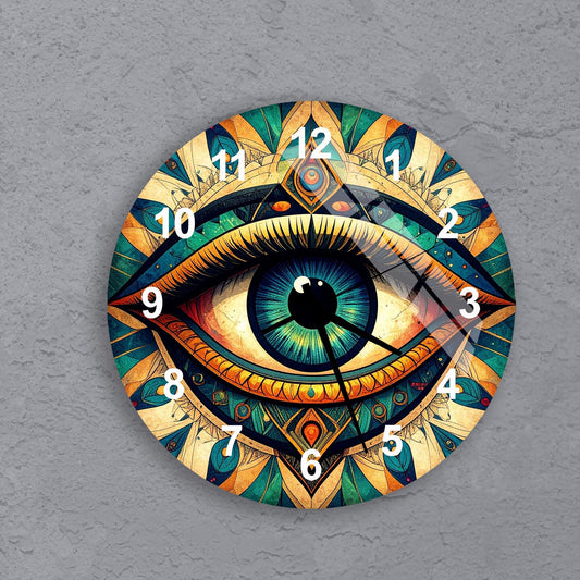 A colorful clock with an eye design on its face.