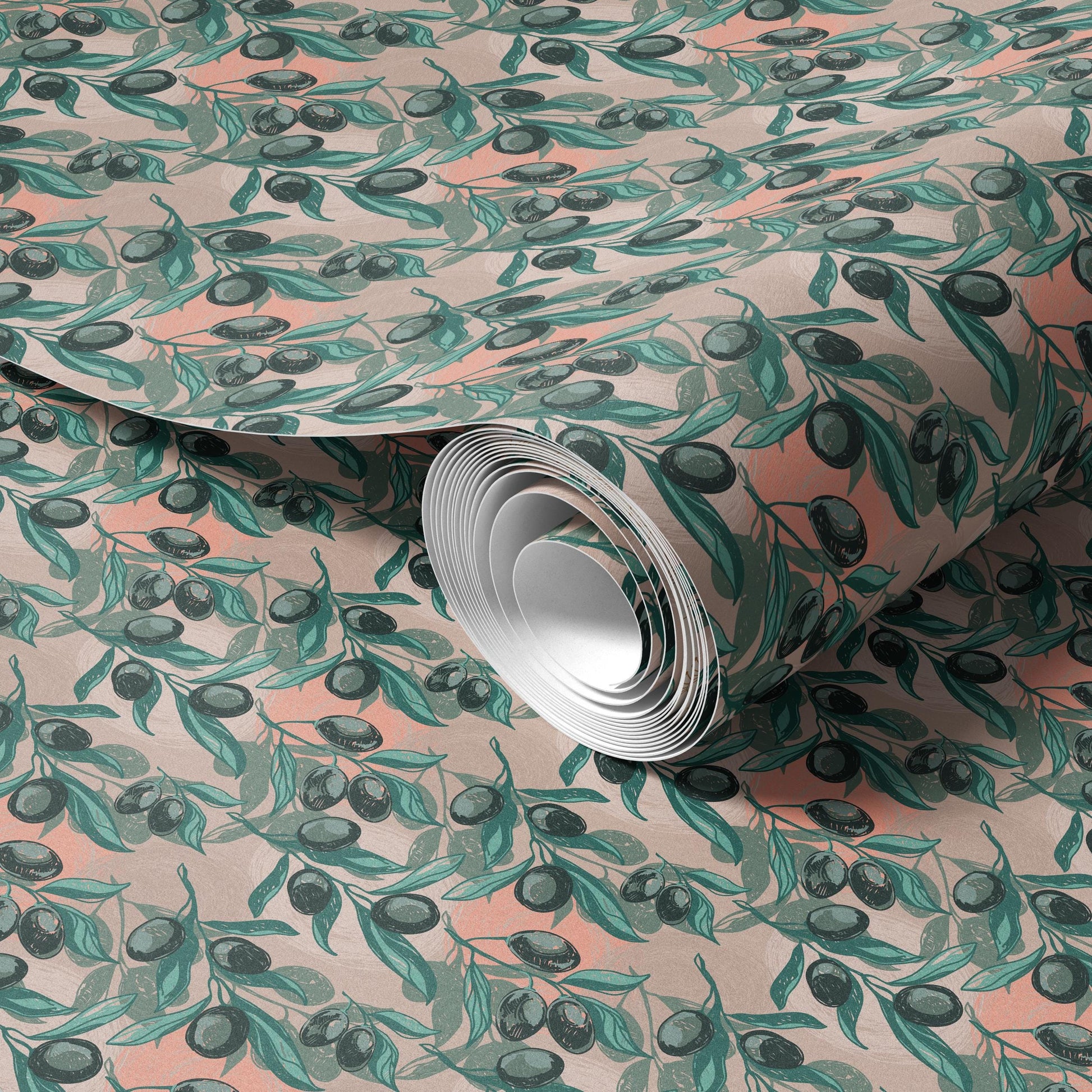 a roll of wallpaper with a repeating pattern of green leaves and black olives.