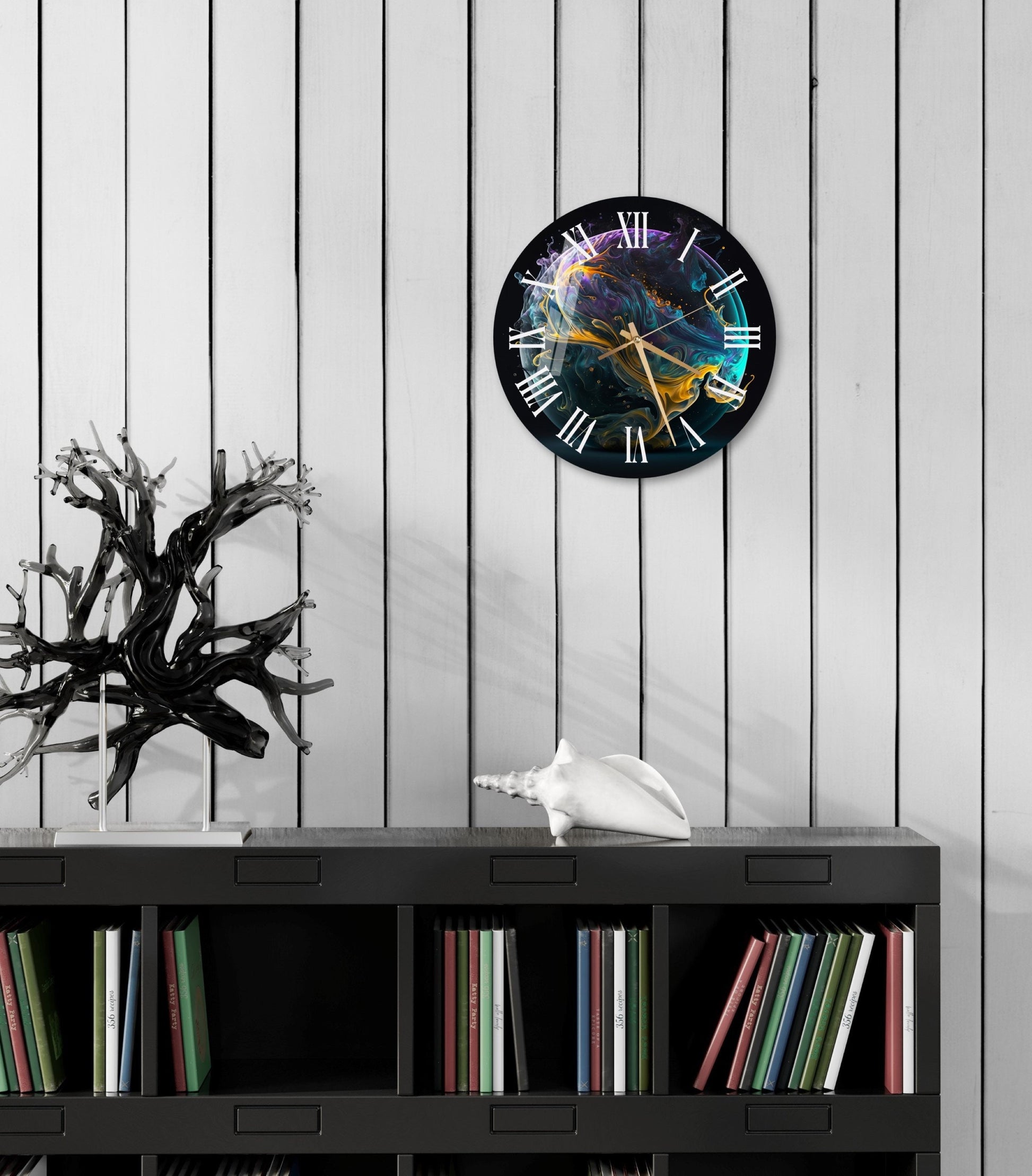 a clock on a wall above a book shelf
