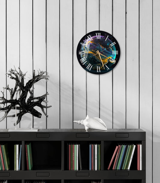 a clock on a wall above a book shelf