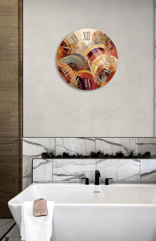 Tempered Glass Wall Clock – Abstract Orange Brown Design | Large Silent Round