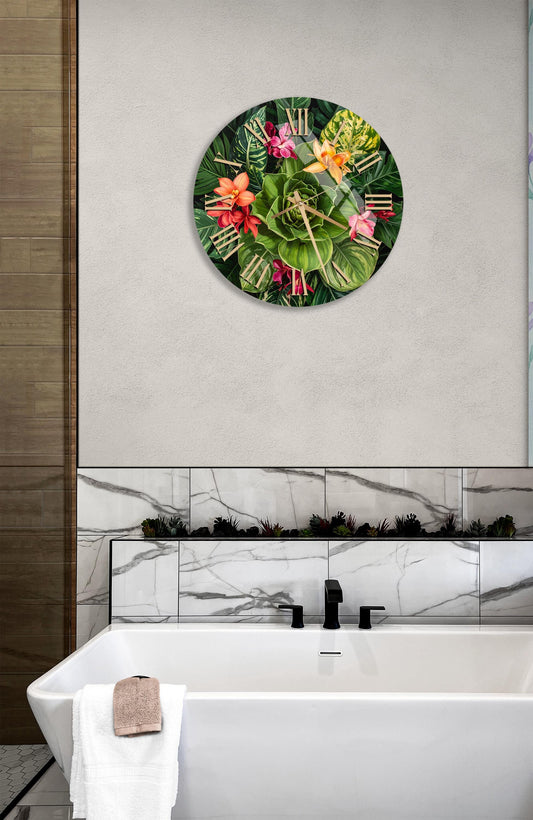 Tempered Glass Wall Clock – Tropical Floral Design, Green Theme, Silent Sweep