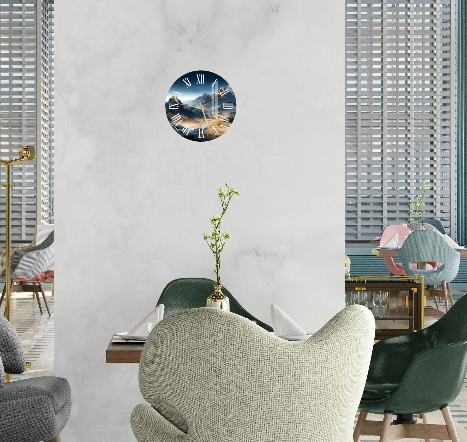 a living room with a clock on the wall