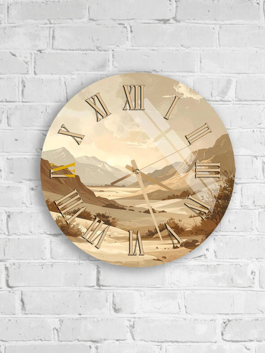 A round wall clock with Roman numerals on a white brick wall.