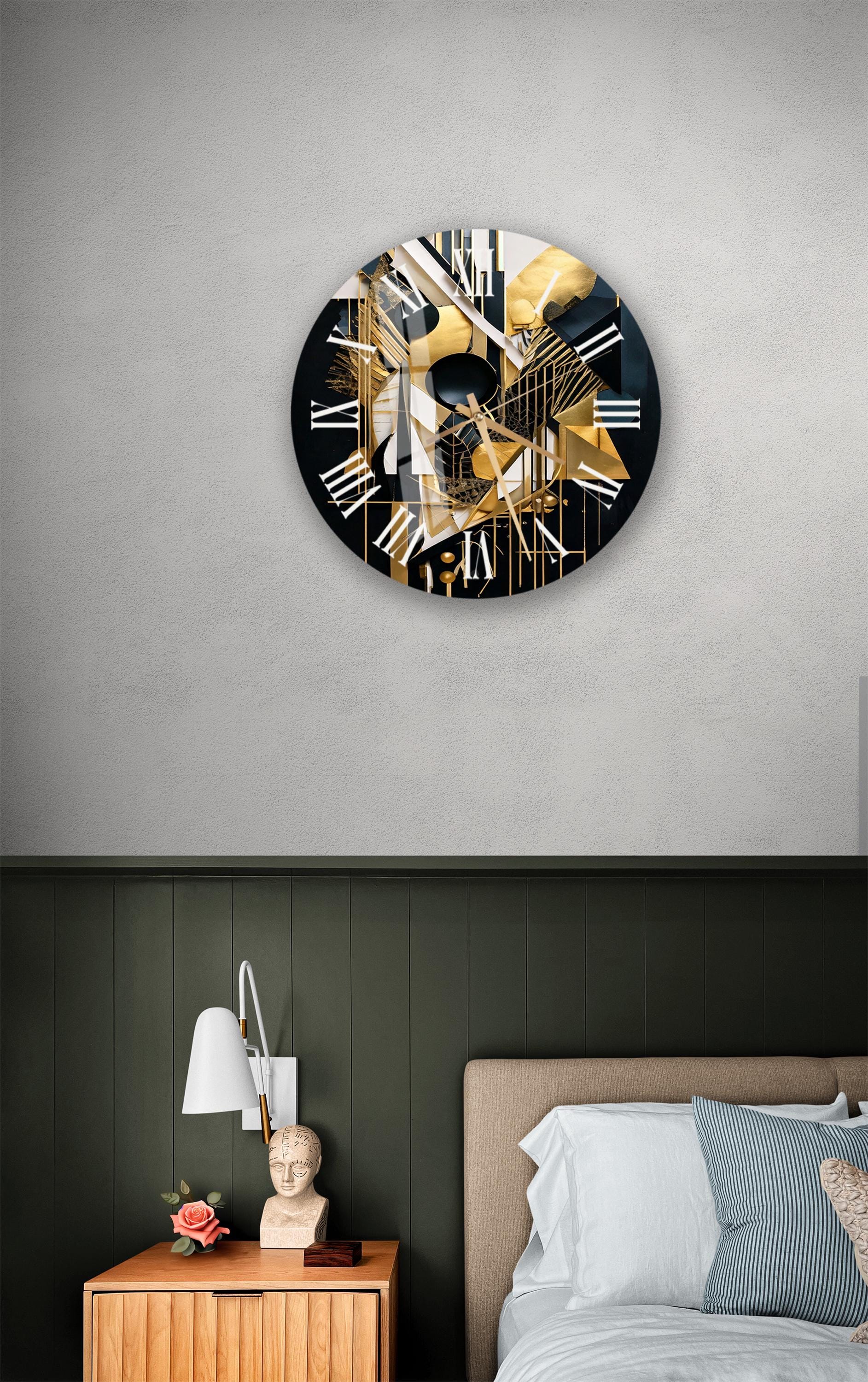 a bedroom with a bed and a clock on the wall