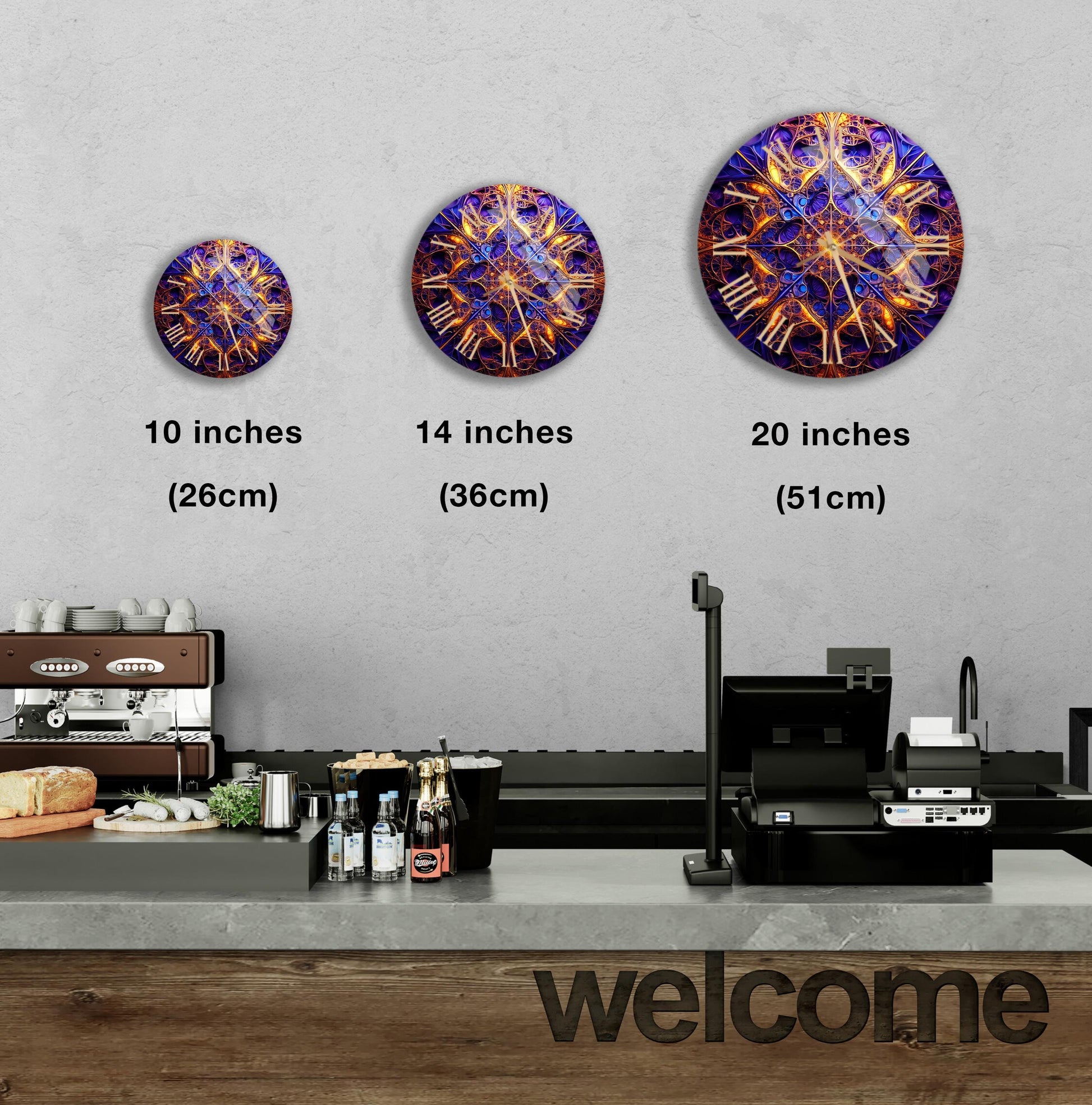 a kitchen counter with three clocks on the wall above it