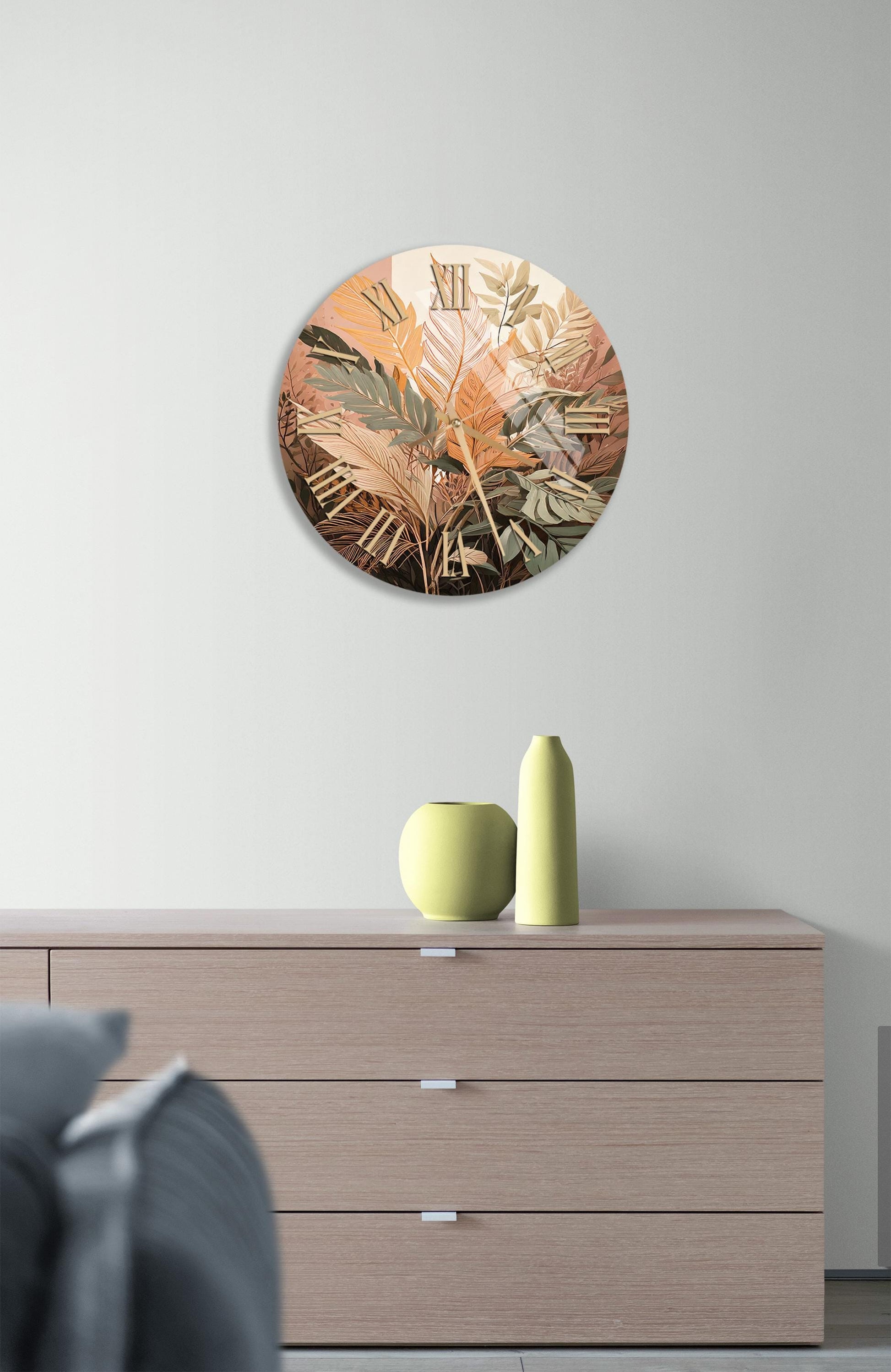 a living room with a dresser and a clock on the wall