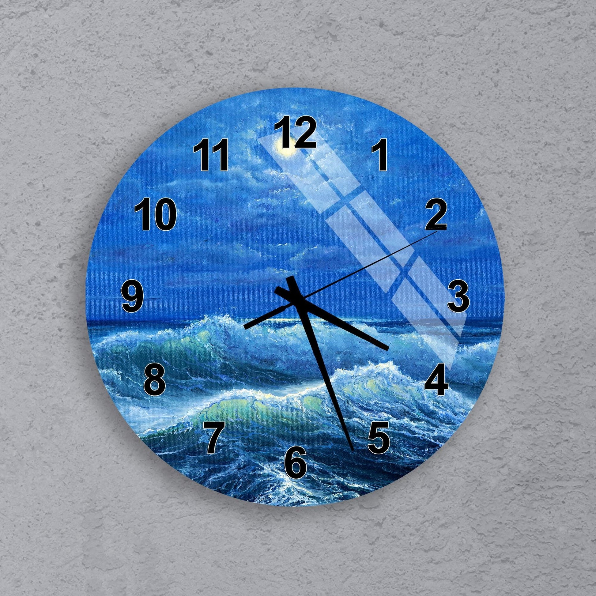A wall clock with a painting of a stormy ocean scene on its face.