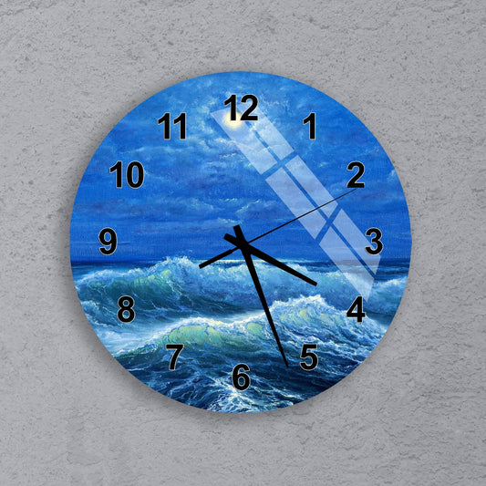 A wall clock with a painting of a stormy ocean scene on its face.