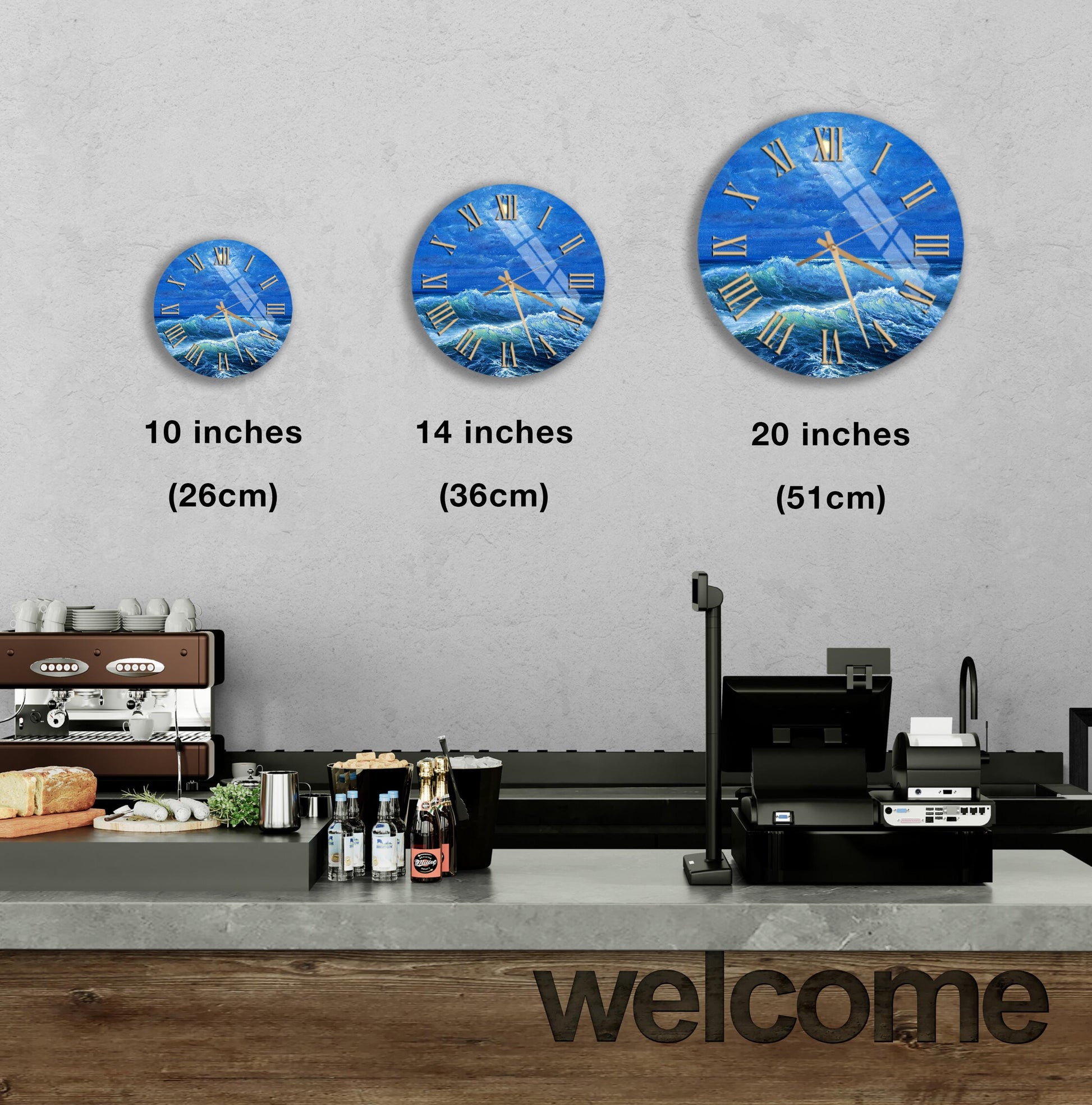 a wall with three clock images of different sizes, ranging from 10 inches to 20 inches in diameter, and from 26cm to 51cm in height. Below the clock images, there is a counter with various items such as bottles and a cash register. The word "welcome" is also visible in the image.