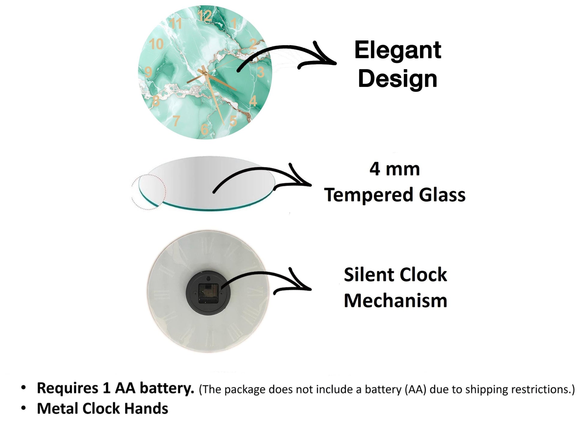 The image is a diagram that illustrates the features of a clock, including its design, size, and mechanism.