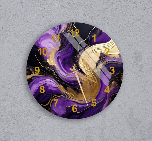 Tempered Glass Wall Clock – Marble Style Purple Gold Decor, Silent Modern Timepiece