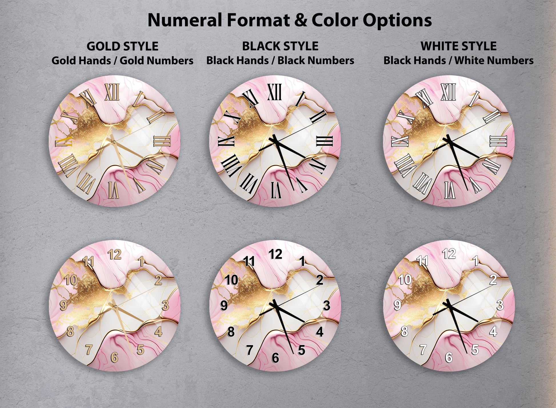 six different wall clocks with various styles and color options, including gold, black, white, and pink.