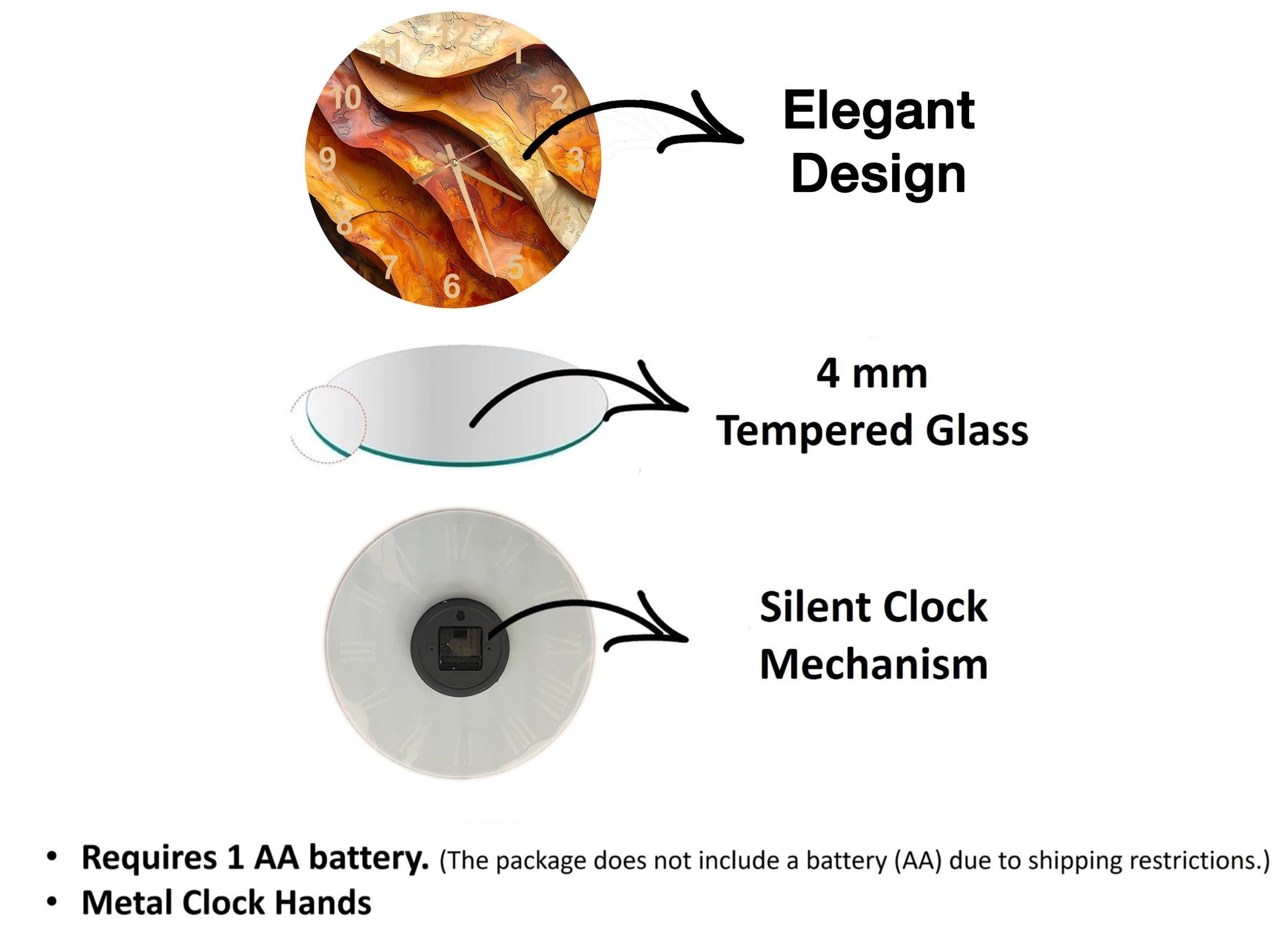The image is a diagram that illustrates the features of a clock, including the type of glass used, the mechanism, and the battery requirements.