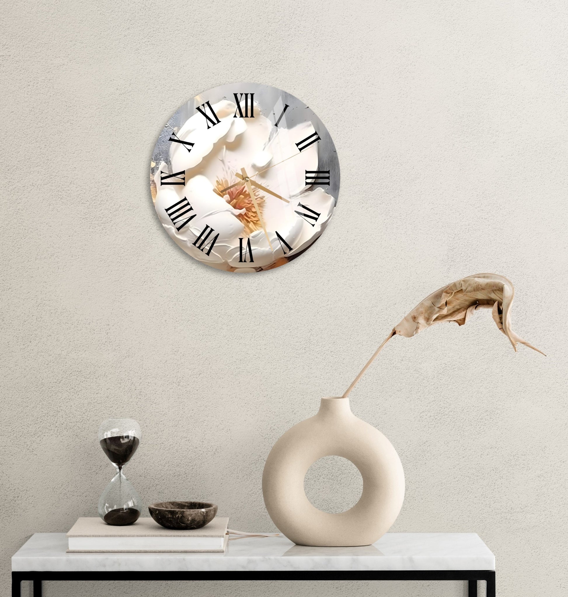 a clock on a wall above a table