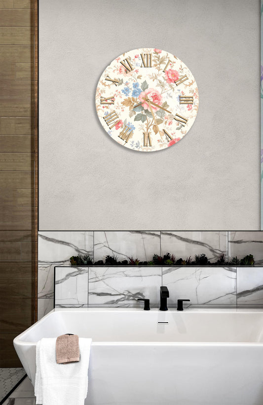 Floral Glass Wall Clock - Vintage Style Pink & Blue Flower, Round Tempered Glass