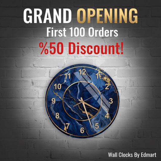 Tempered Glass Wall Clock - Navy Blue Marble Design with Gold Veins | Silent Mechanism