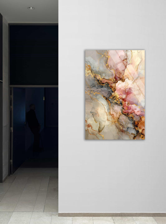 Tempered Glass Wall Art - Abstract Fluid Art Pink Gold Marble Texture Panel